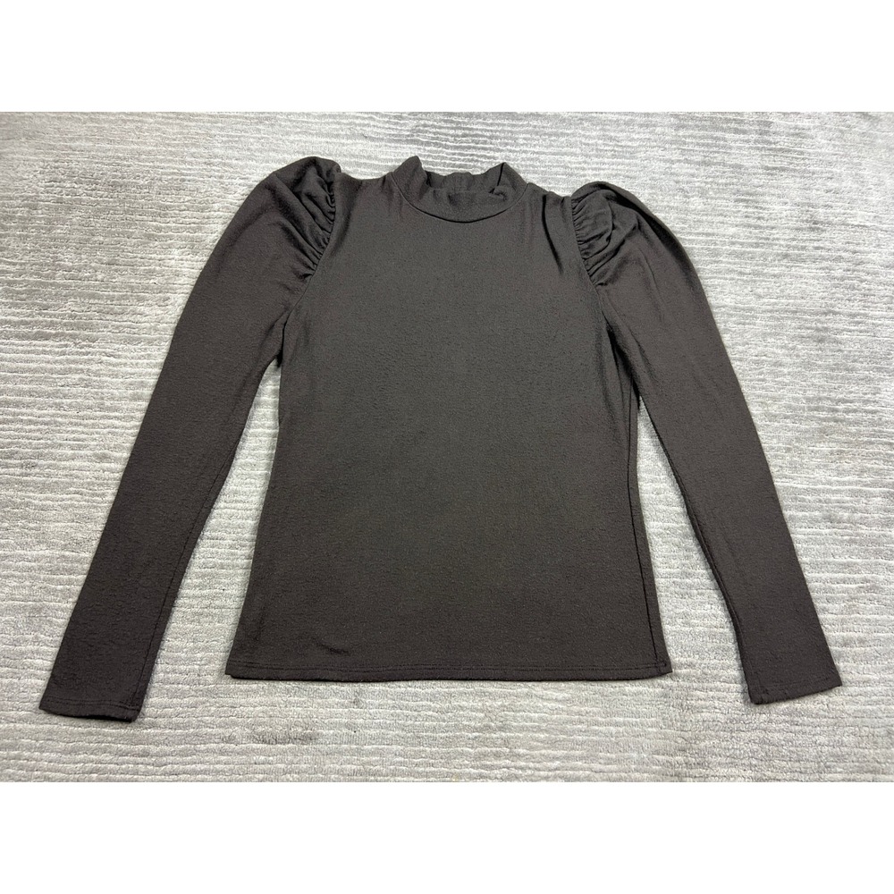 Unwritten Top Women Charcoal Black Mock Neck Puff Sleeve Textured Contemporary